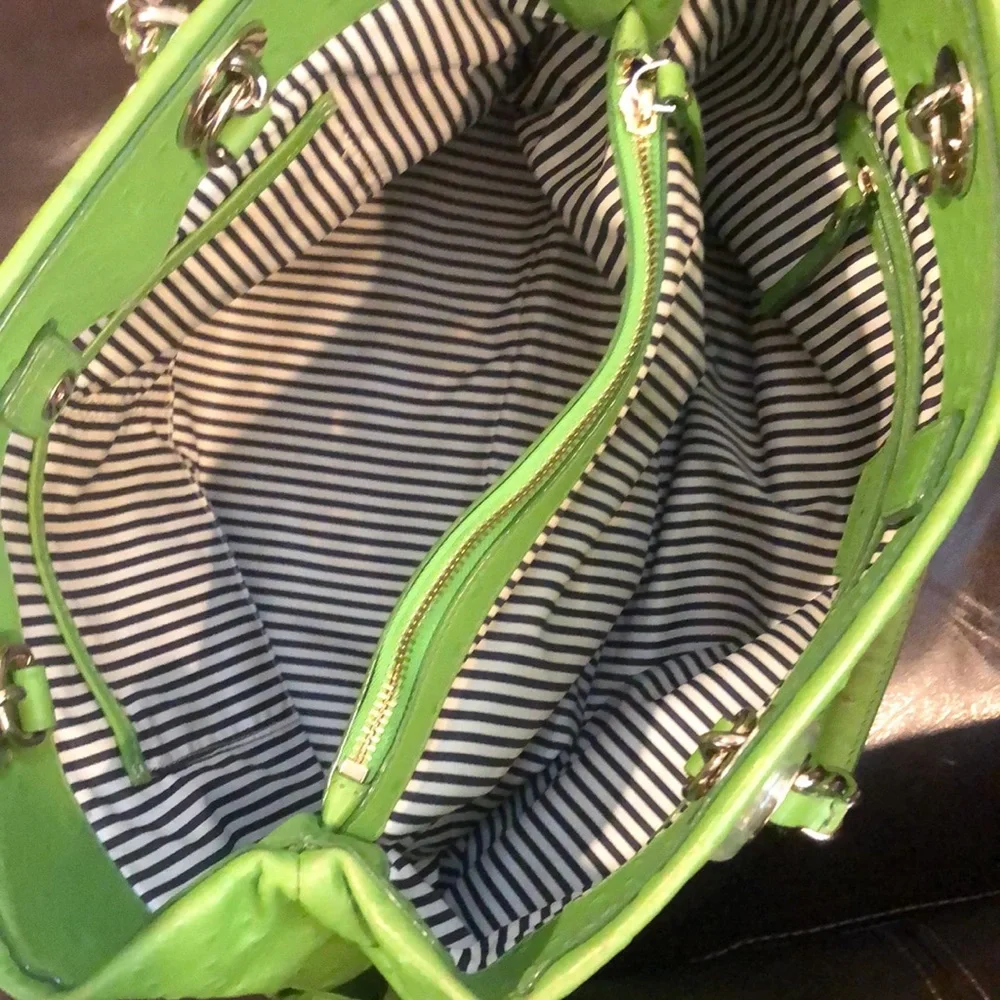 KATE SPADE Lime Green Embossed Ostrich Leather Oversized Tote w Silver Hardware